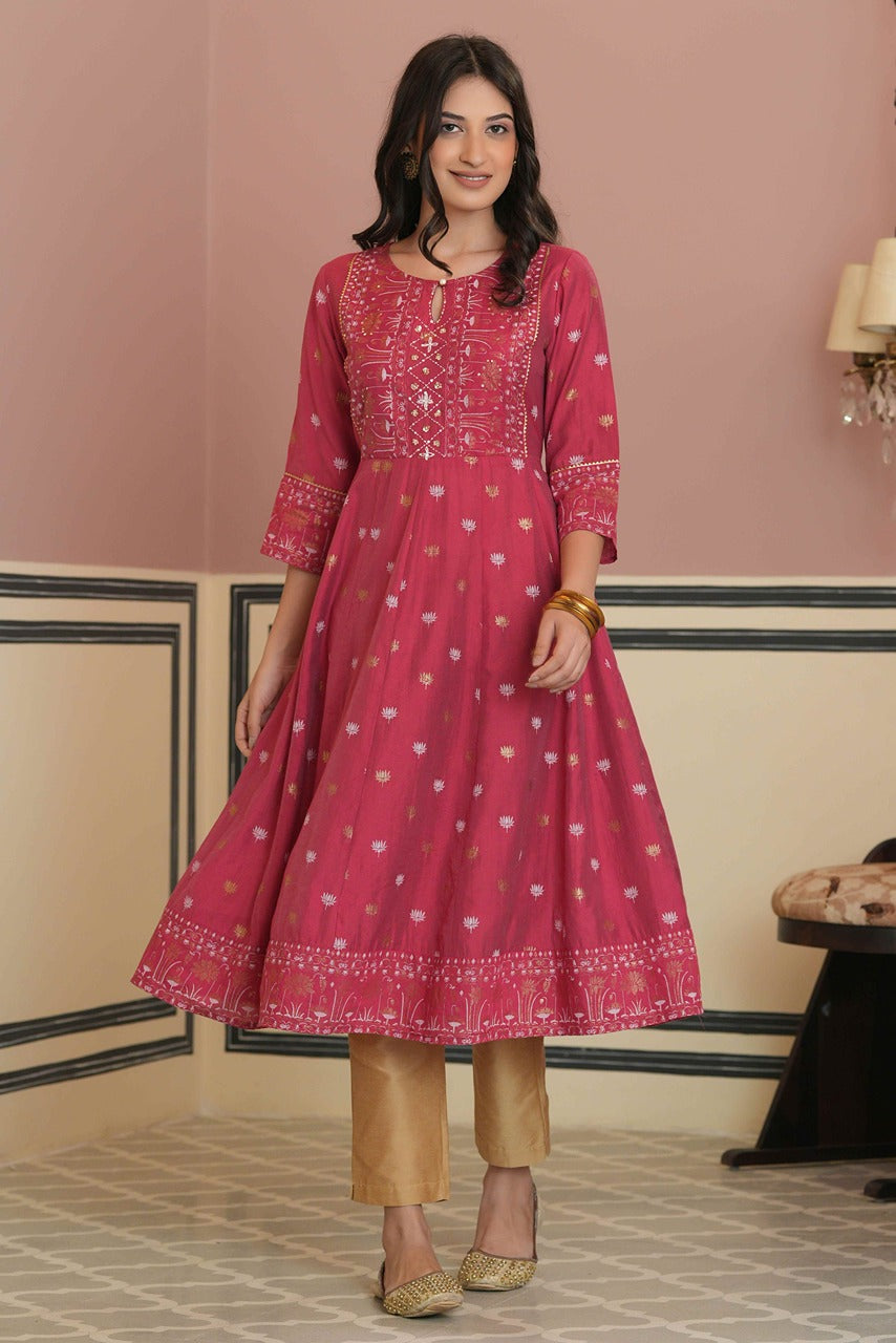 Juniper Fuchsia Rayon Festive Handwork Sequence Anarkali Kurta For Women