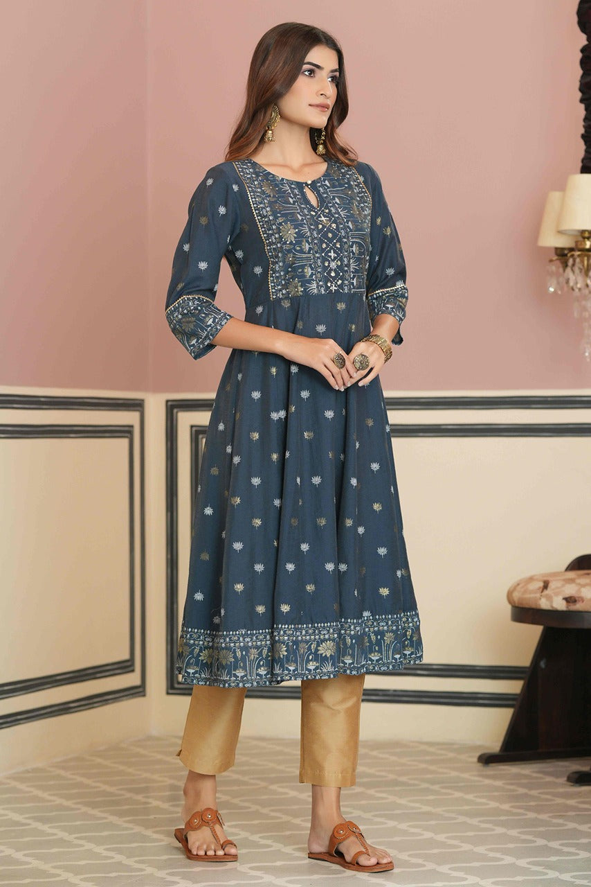 Juniper Teal Rayon Festive Handwork Sequence Anarkali Kurta For Women