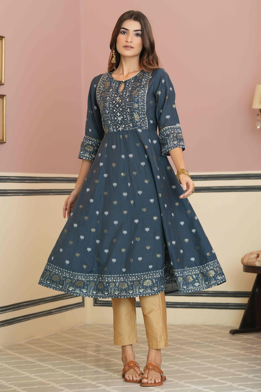 Juniper Teal Rayon Festive Handwork Sequence Anarkali Kurta For Women