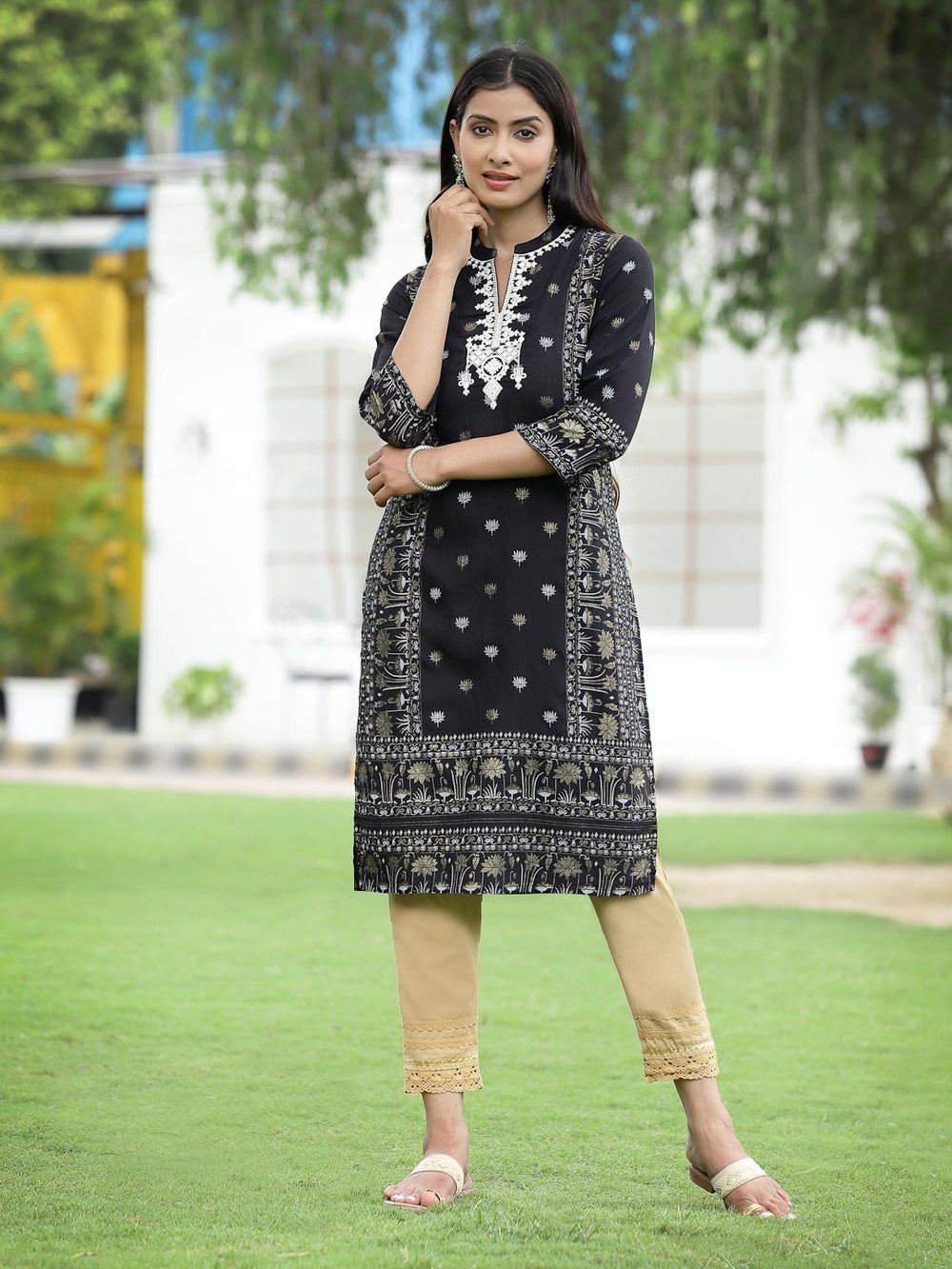 Juniper Women Black Rayon Festive Embroidered Straight Kurta