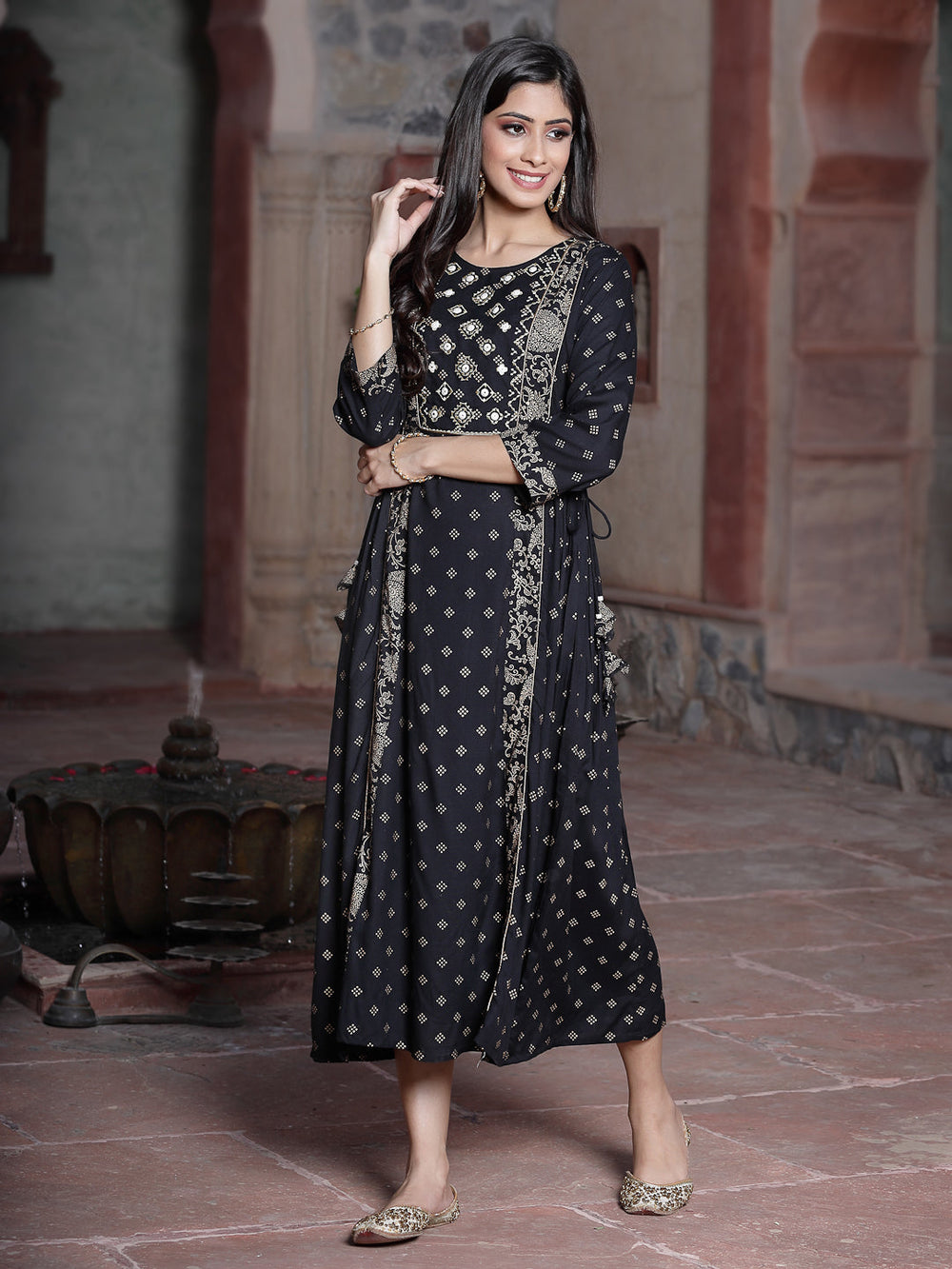 Juniper Women's Black Rayon Printed Embroidered Flared Dress