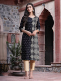 Juniper Women's Black Rayon Printed Straight Kurta