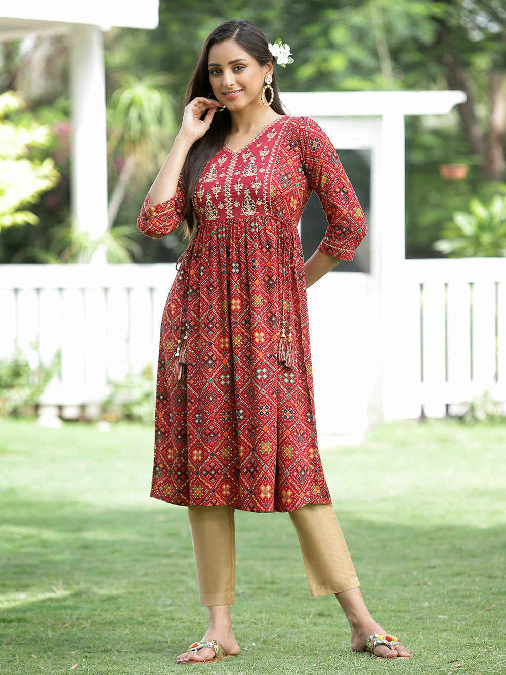 Juniper Red Rayon Festive Printed Flared Kurta For Women