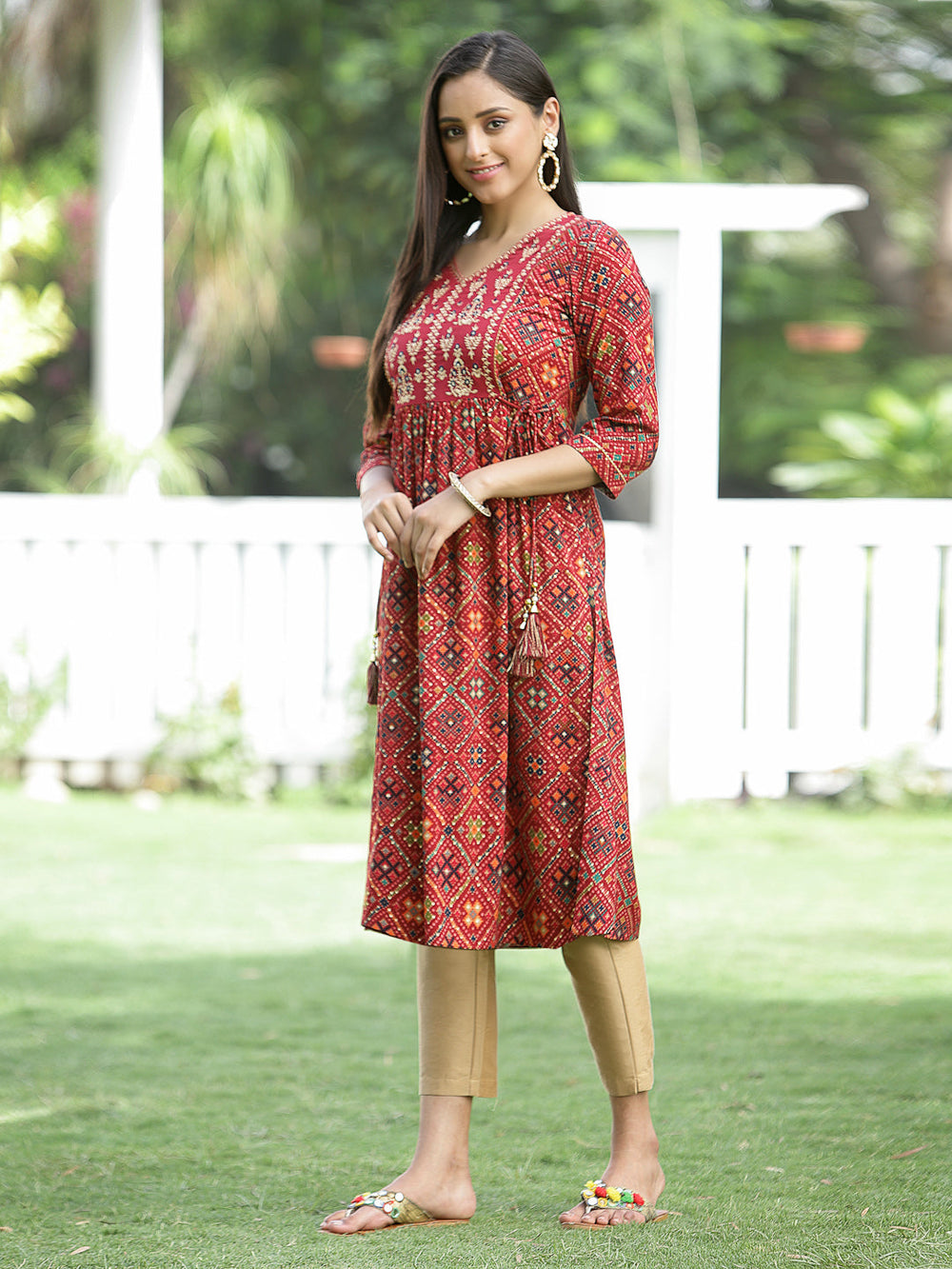Juniper Red Rayon Festive Printed Flared Kurta For Women