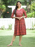 Juniper Red Rayon Festive Printed Flared Kurta For Women