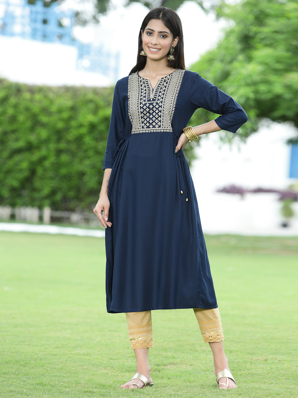 Juniper Women Navy Rayon Festive Embroidered Flared Kurta