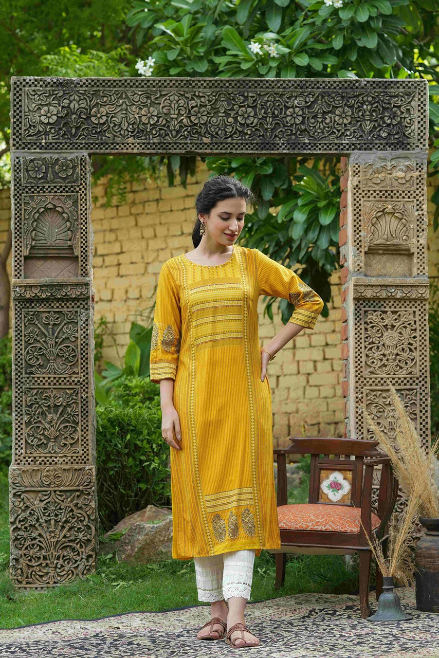 Juniper Mustard Rayon Festive Printed Straight Kurta For Women