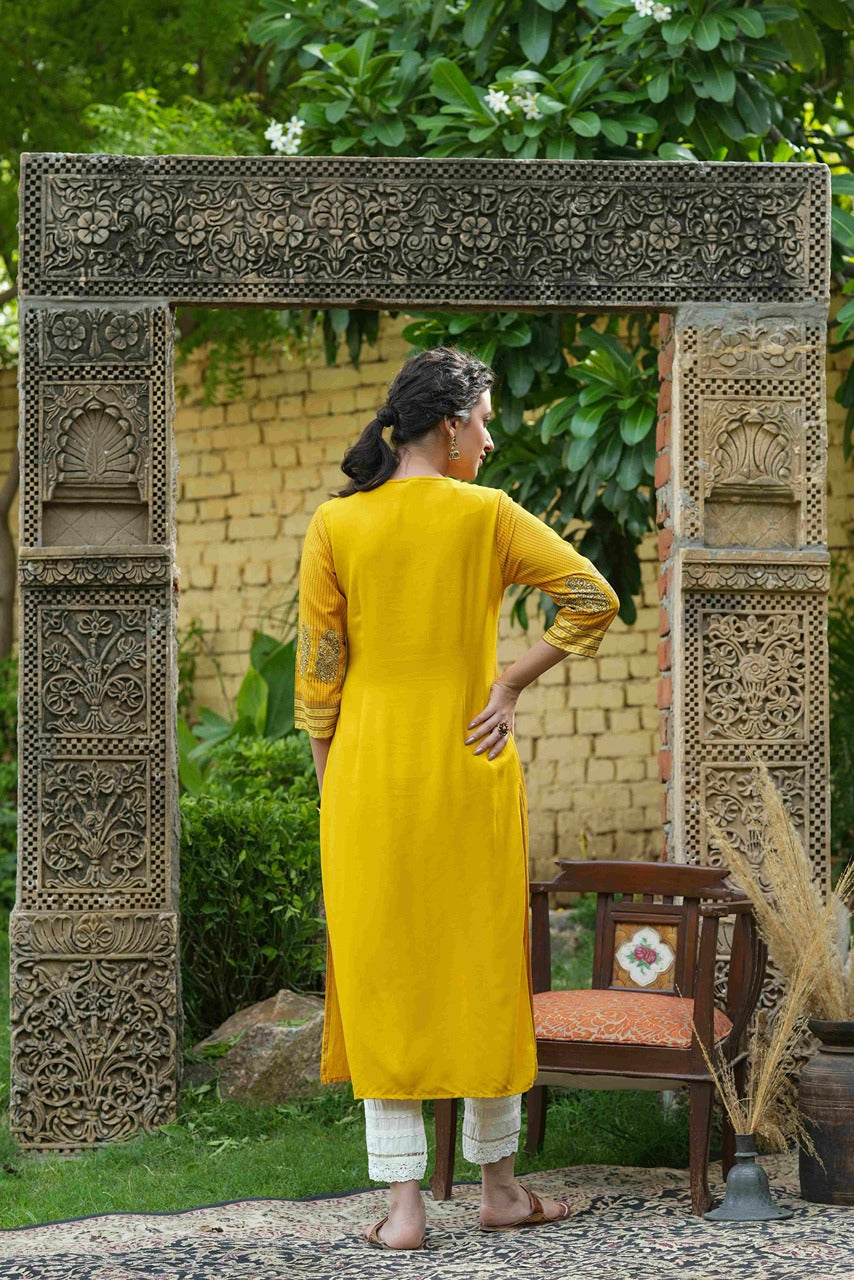 Juniper Mustard Rayon Festive Printed Straight Kurta For Women