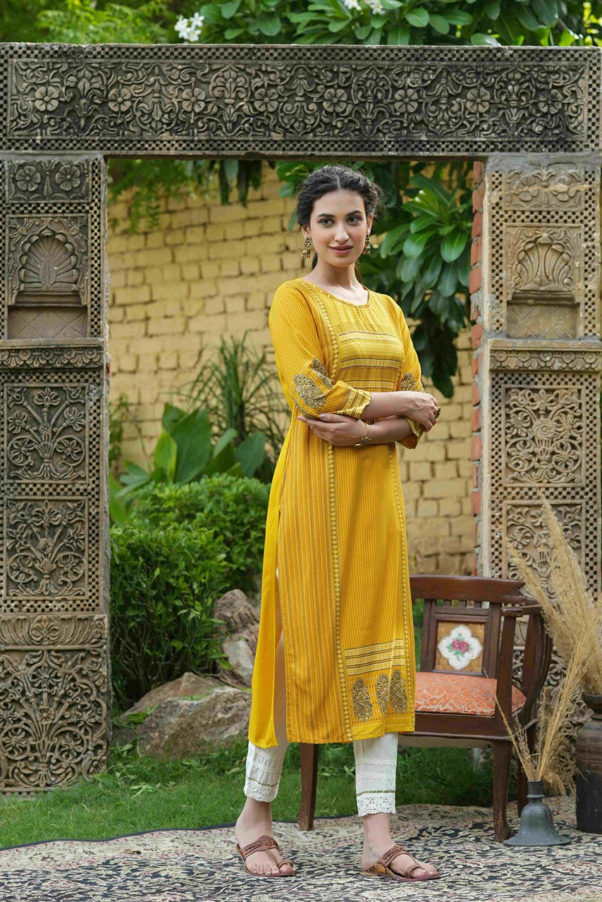 Juniper Mustard Rayon Festive Printed Straight Kurta For Women