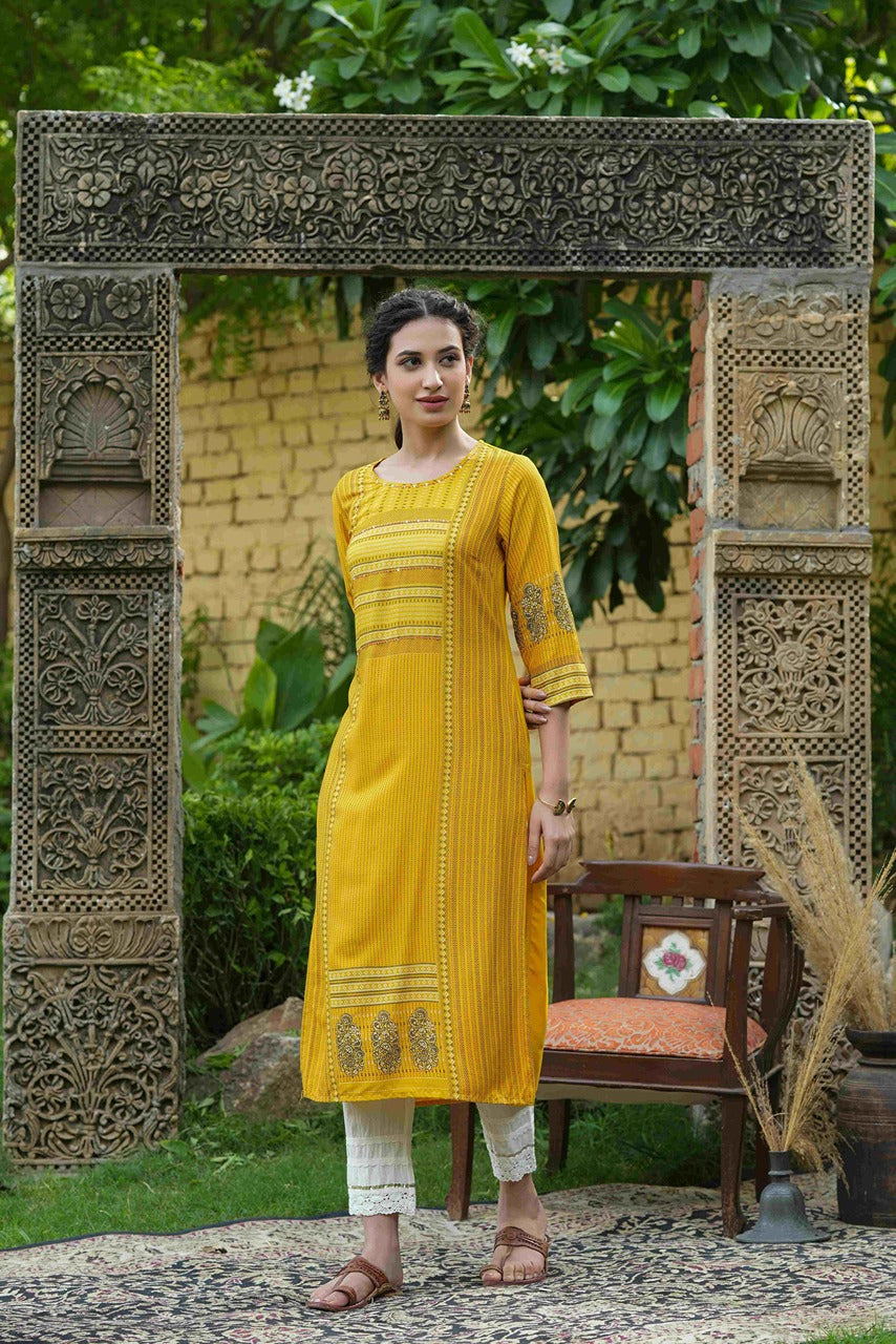 Juniper Mustard Rayon Festive Printed Straight Kurta For Women