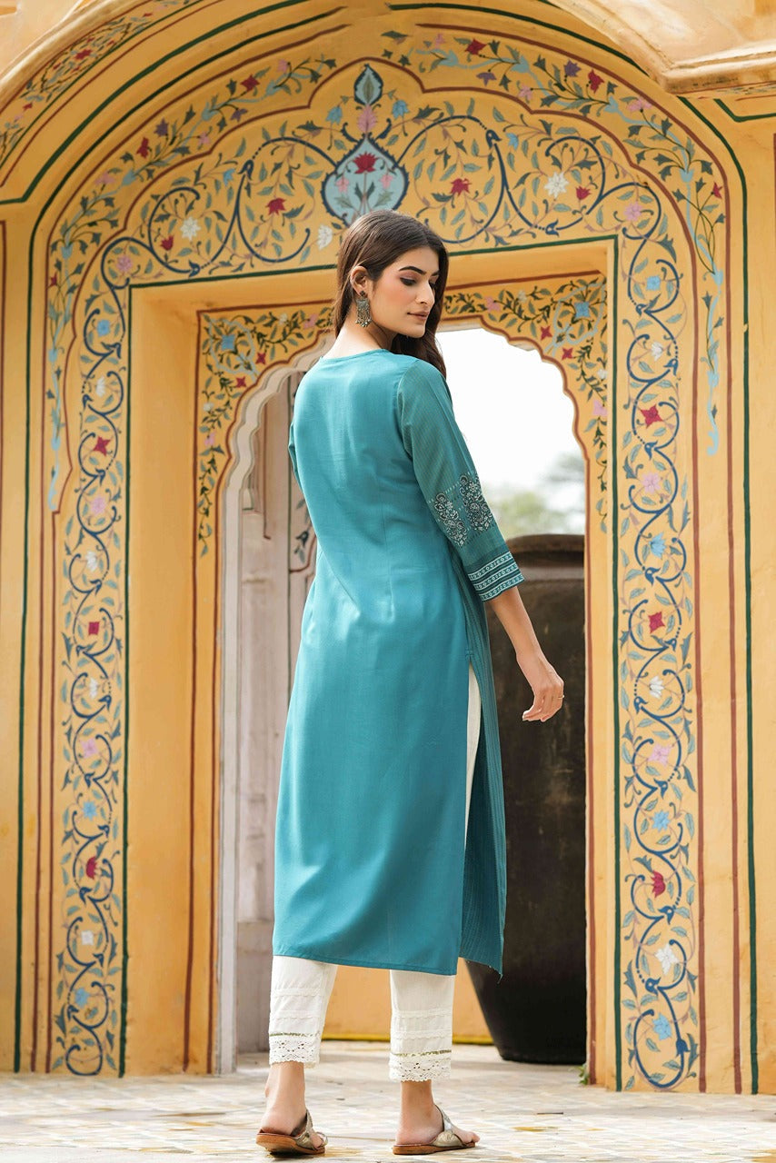 Juniper Teal Rayon Festive Printed Straight Kurta For Women