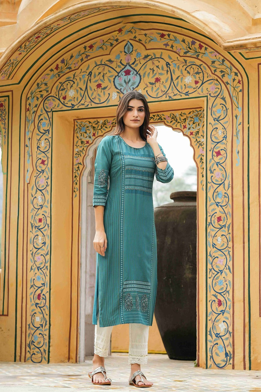 Juniper Teal Rayon Festive Printed Straight Kurta For Women