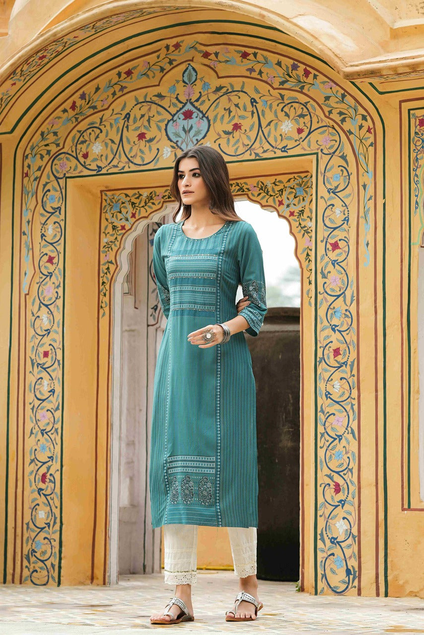 Juniper Teal Rayon Festive Printed Straight Kurta For Women