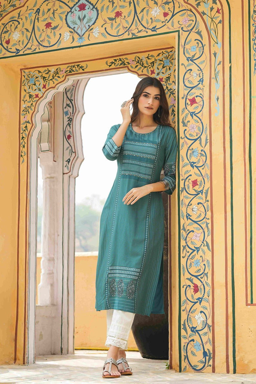 Juniper Teal Rayon Festive Printed Straight Kurta For Women