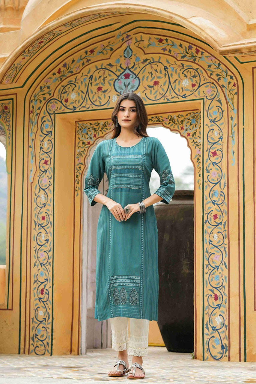 Juniper Teal Rayon Festive Printed Straight Kurta For Women