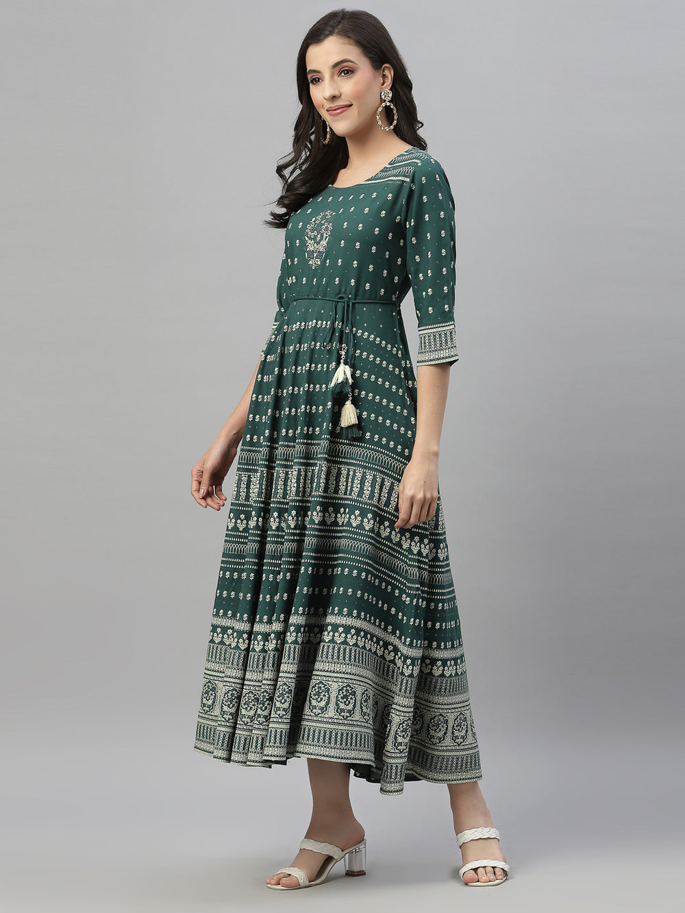 Juniper Green Rayon Festive Printed Flared Dress For Women