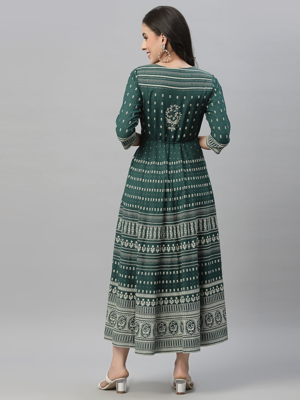 Juniper Green Rayon Festive Printed Flared Dress For Women