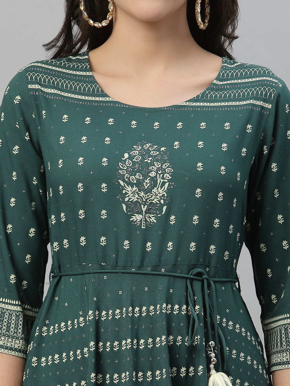 Juniper Green Rayon Festive Printed Flared Dress For Women