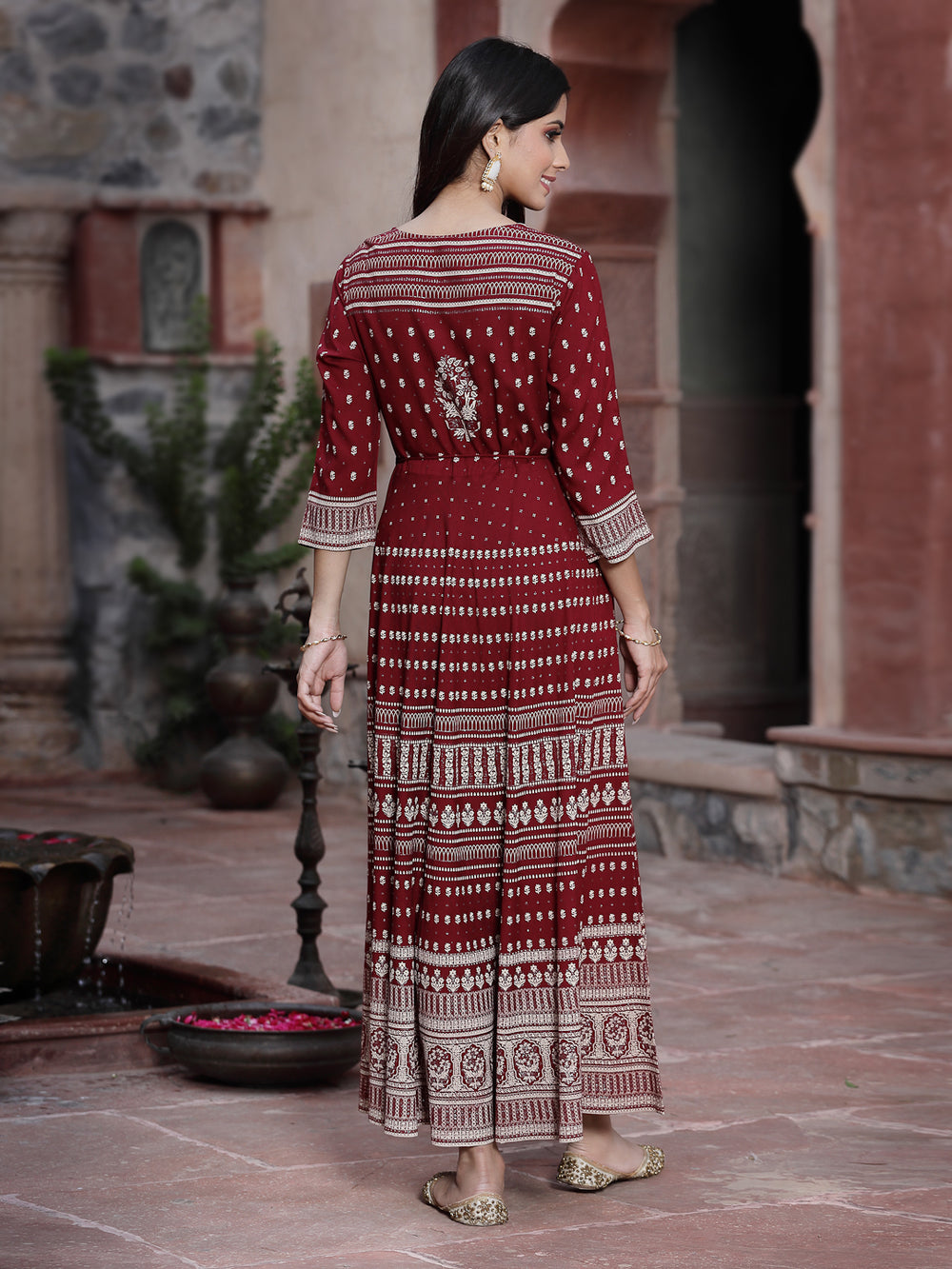 Juniper Women's Maroon Rayon Printed Flared Dress