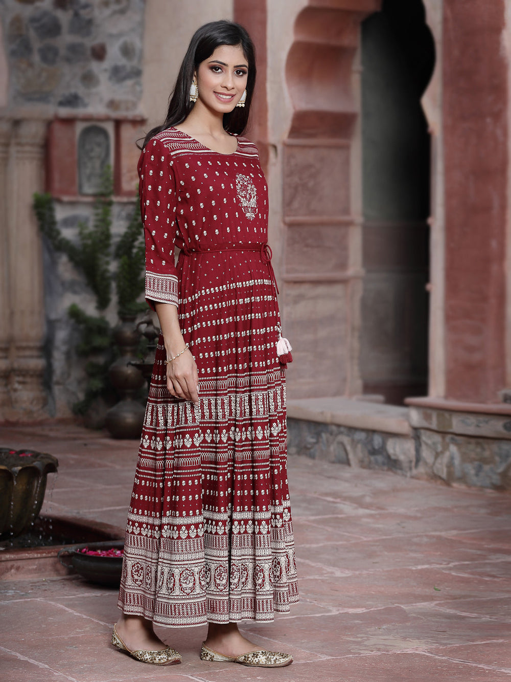 Juniper Women's Maroon Rayon Printed Flared Dress