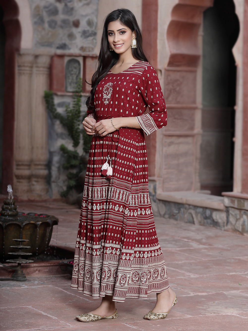 Juniper Women's Maroon Rayon Printed Flared Dress
