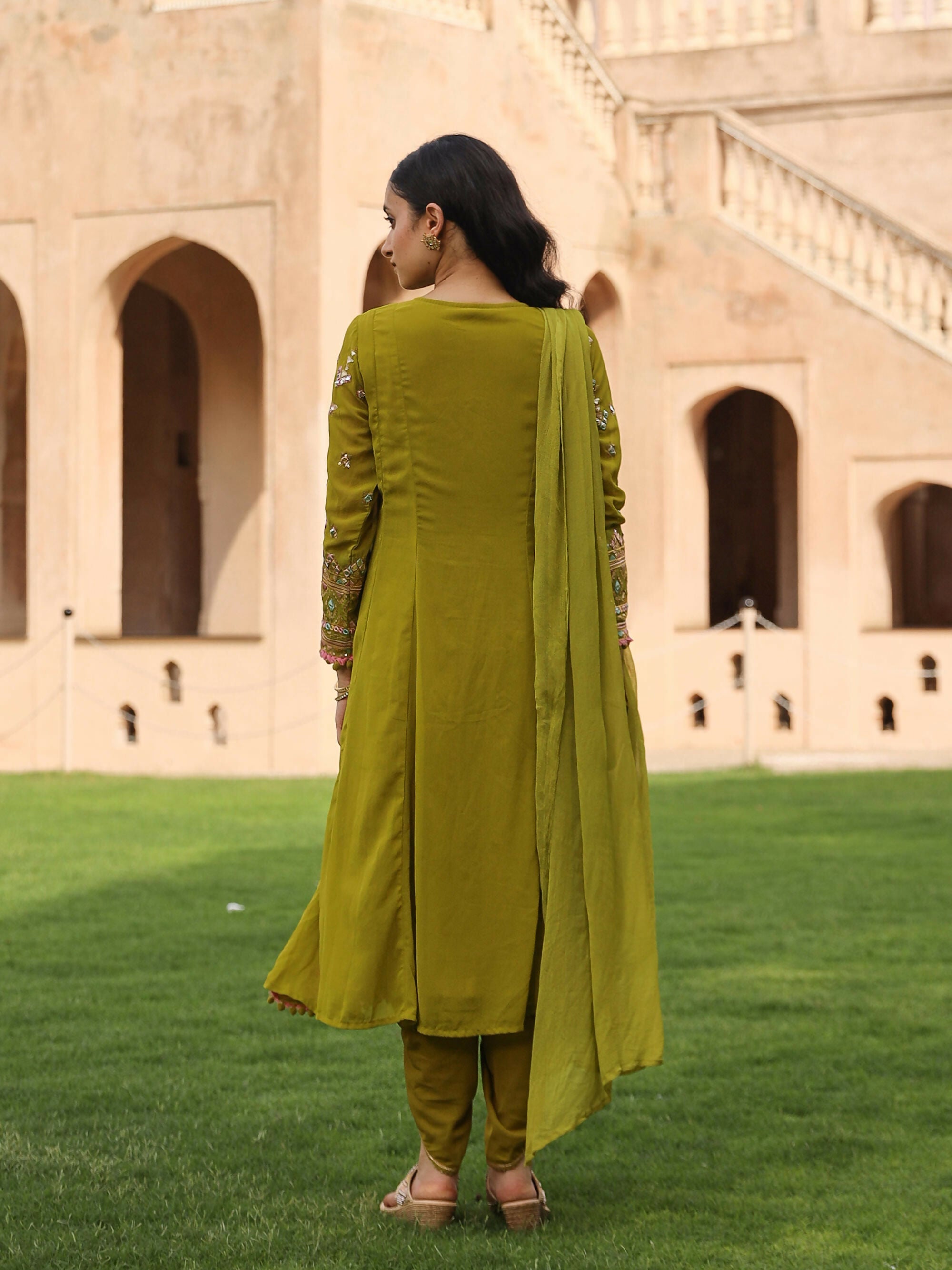 Juniper Women's Green Thread Embroidered Georgette Kurta Dhoti Pant & Dupatta Set With Mirror Work & Sequins