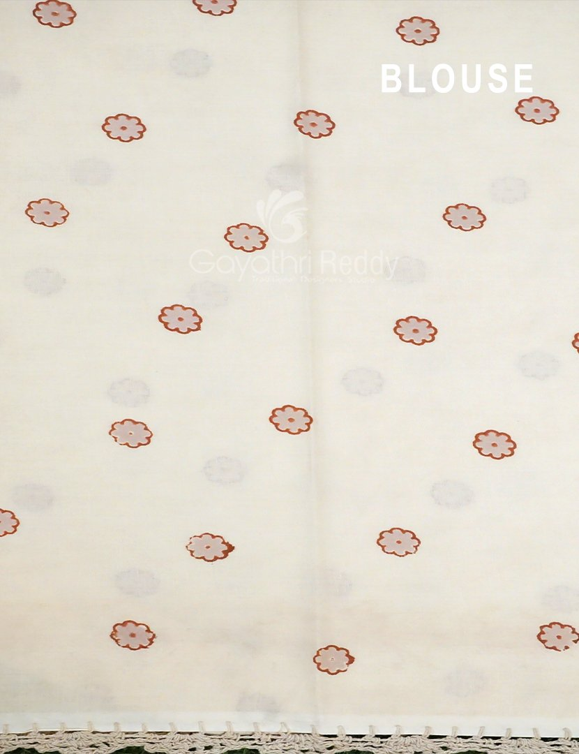 Cream Colour Peacock Block Print Crocia Mulmul Cotton Saree By Gayathri Reddy Designer Studio