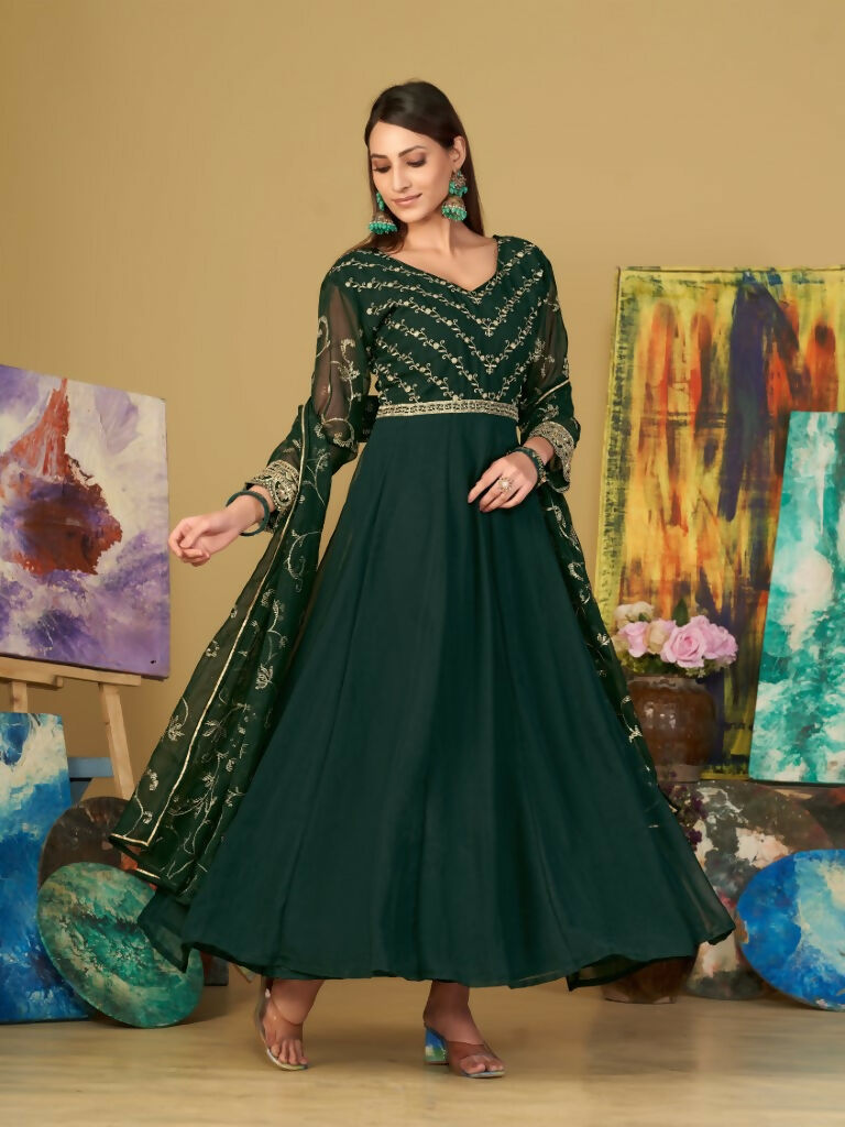 Jyoti Fashion Women's Bottle Green Georgette Embroidered Anarkali Kurta Pant Set With Dupatta