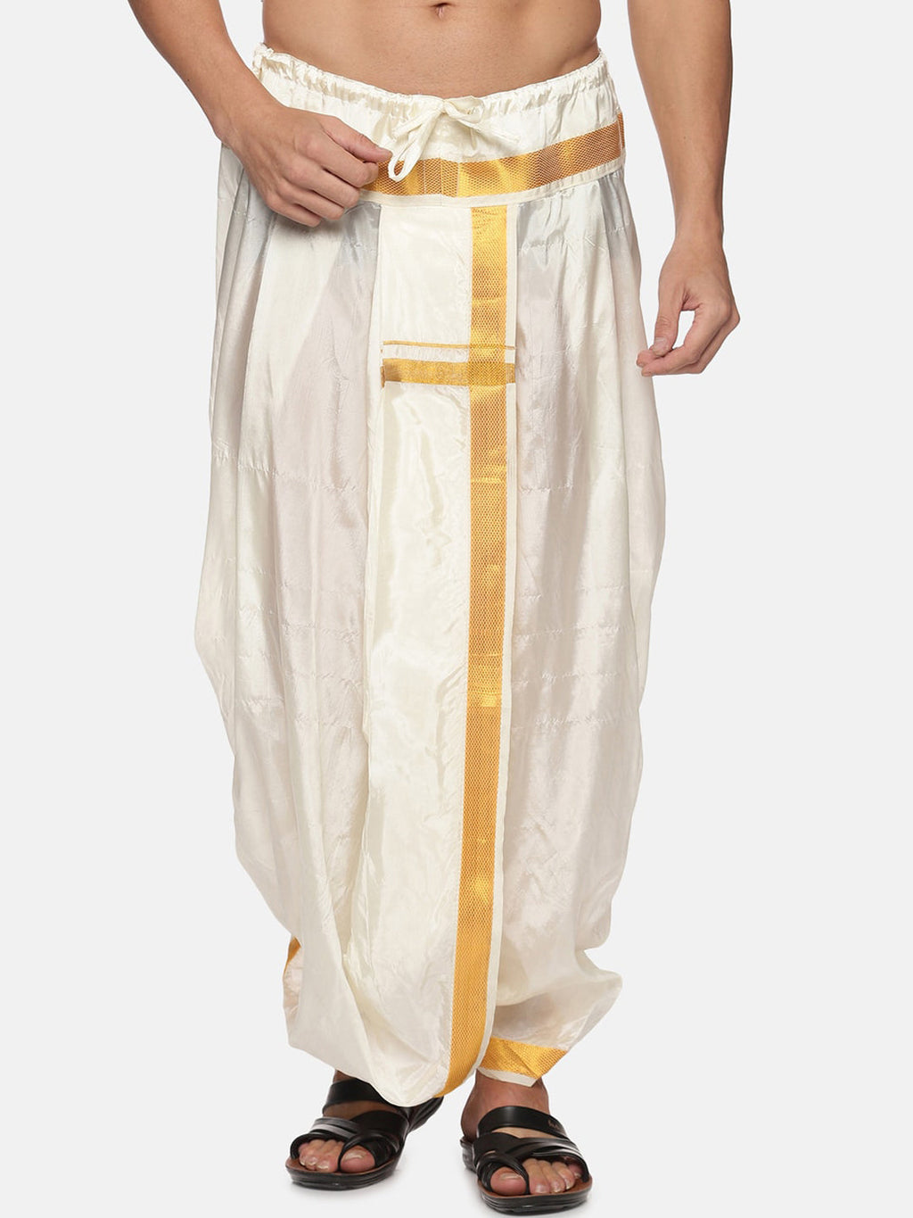 Sethukrishna Men Cream-Coloured & Gold-Coloured Solid Art Silk Dhoti Pants