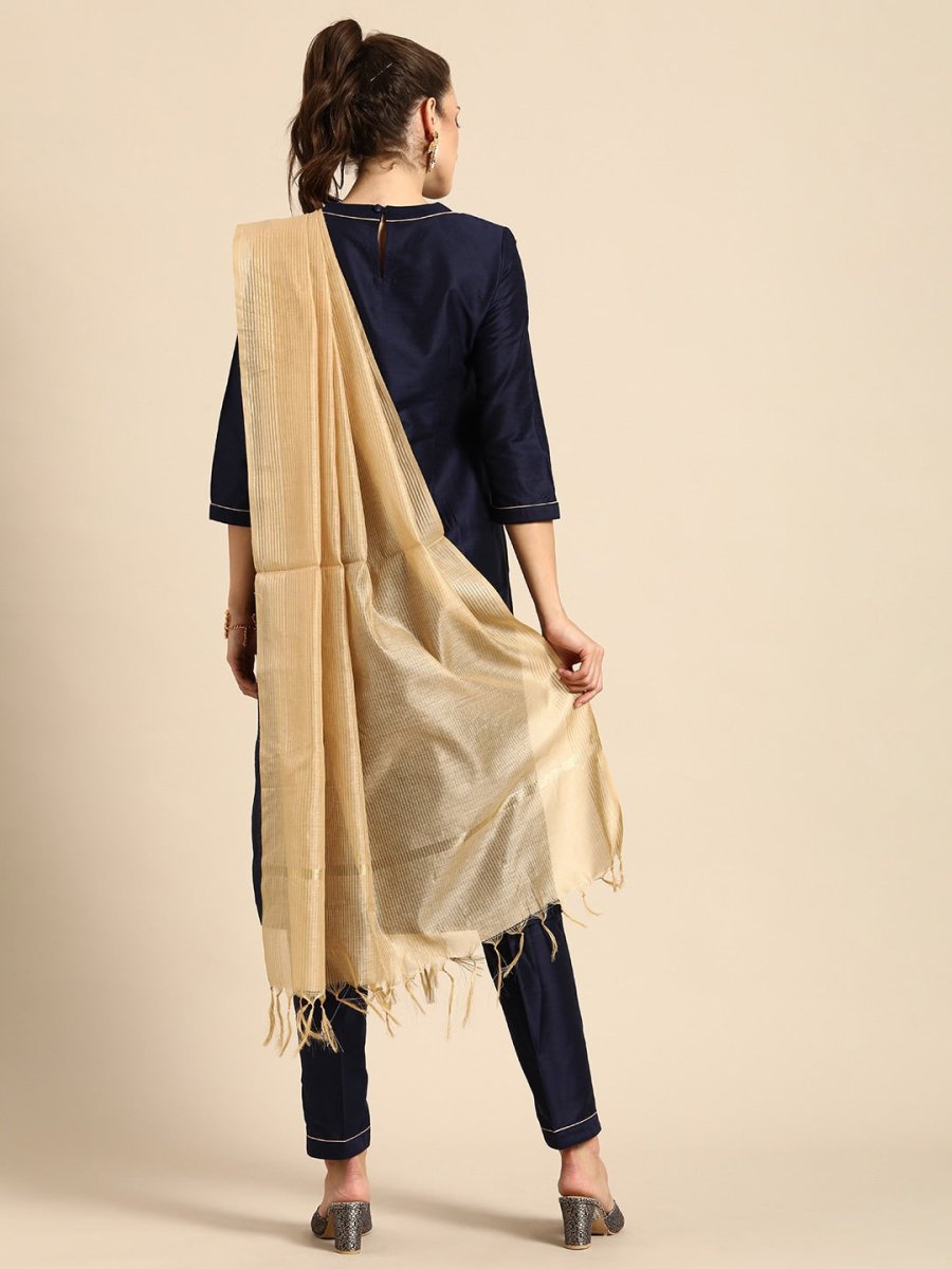 All About You Women Navy Blue Floral Thread Work Kurta with Trousers & With Dupatta