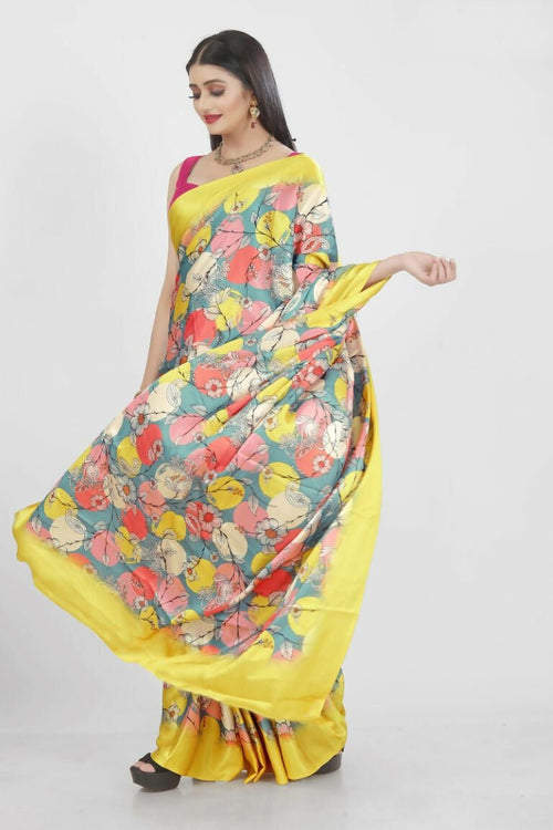 Aayaa Designer Printed Satin Saree - Multi Color
