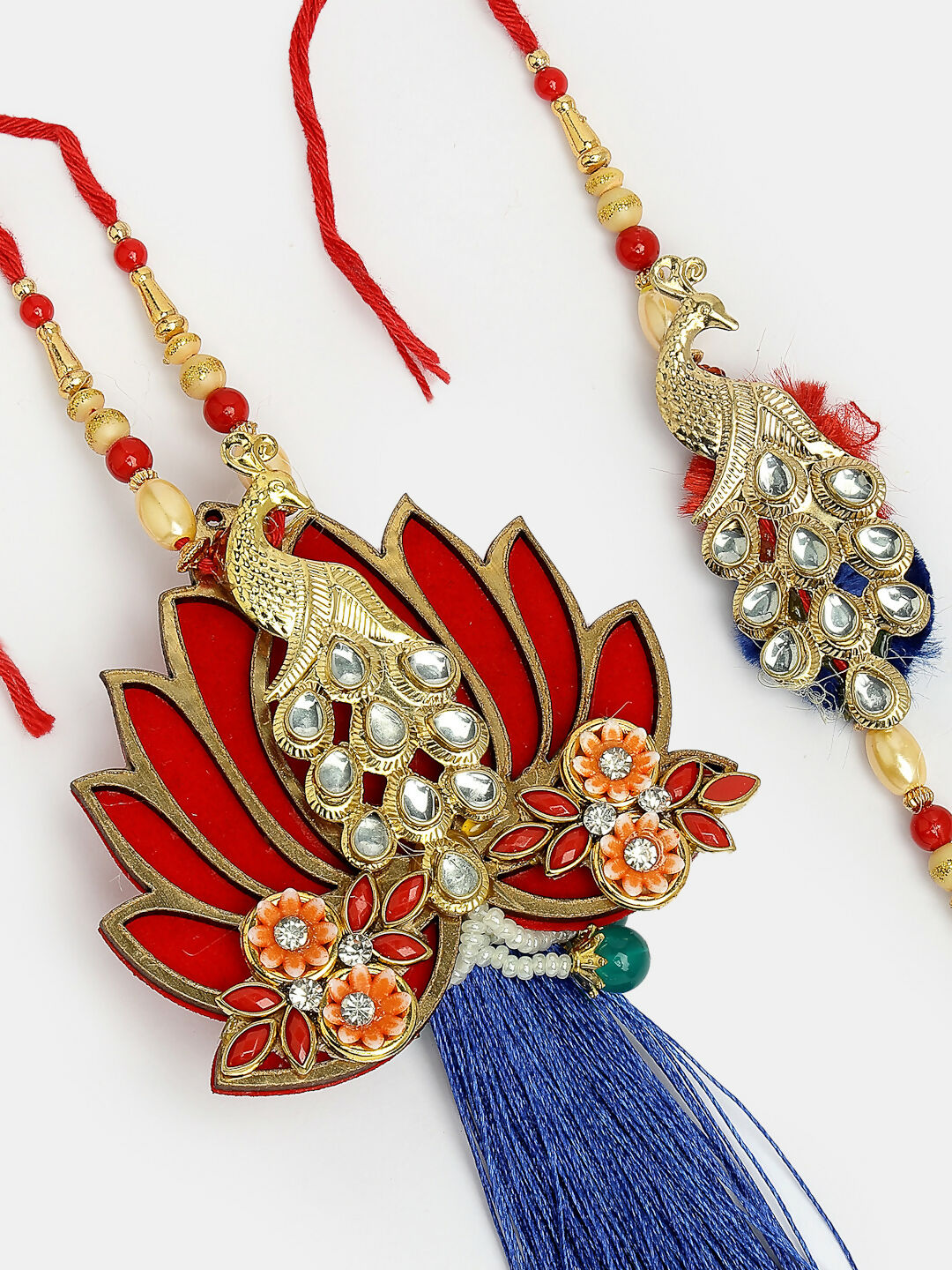 NVR Women & Men Set of 2 Gold-Toned Peacock Design Stone-Studded Bhaiya Bhabhi Rakhi With Roli Chawal