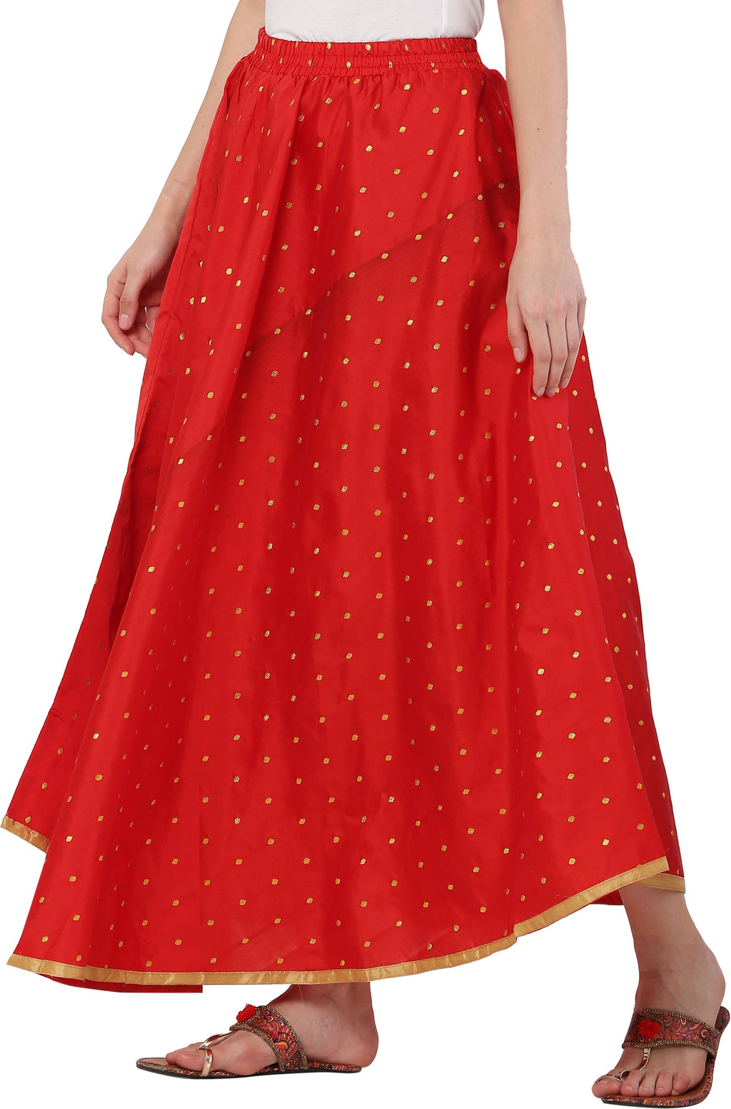 PAVONINE Red Color Golden Zari Work Satan Fabric Maxi Skirt For Women