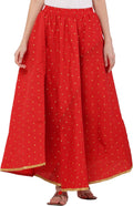 PAVONINE Red Color Golden Zari Work Satan Fabric Maxi Skirt For Women