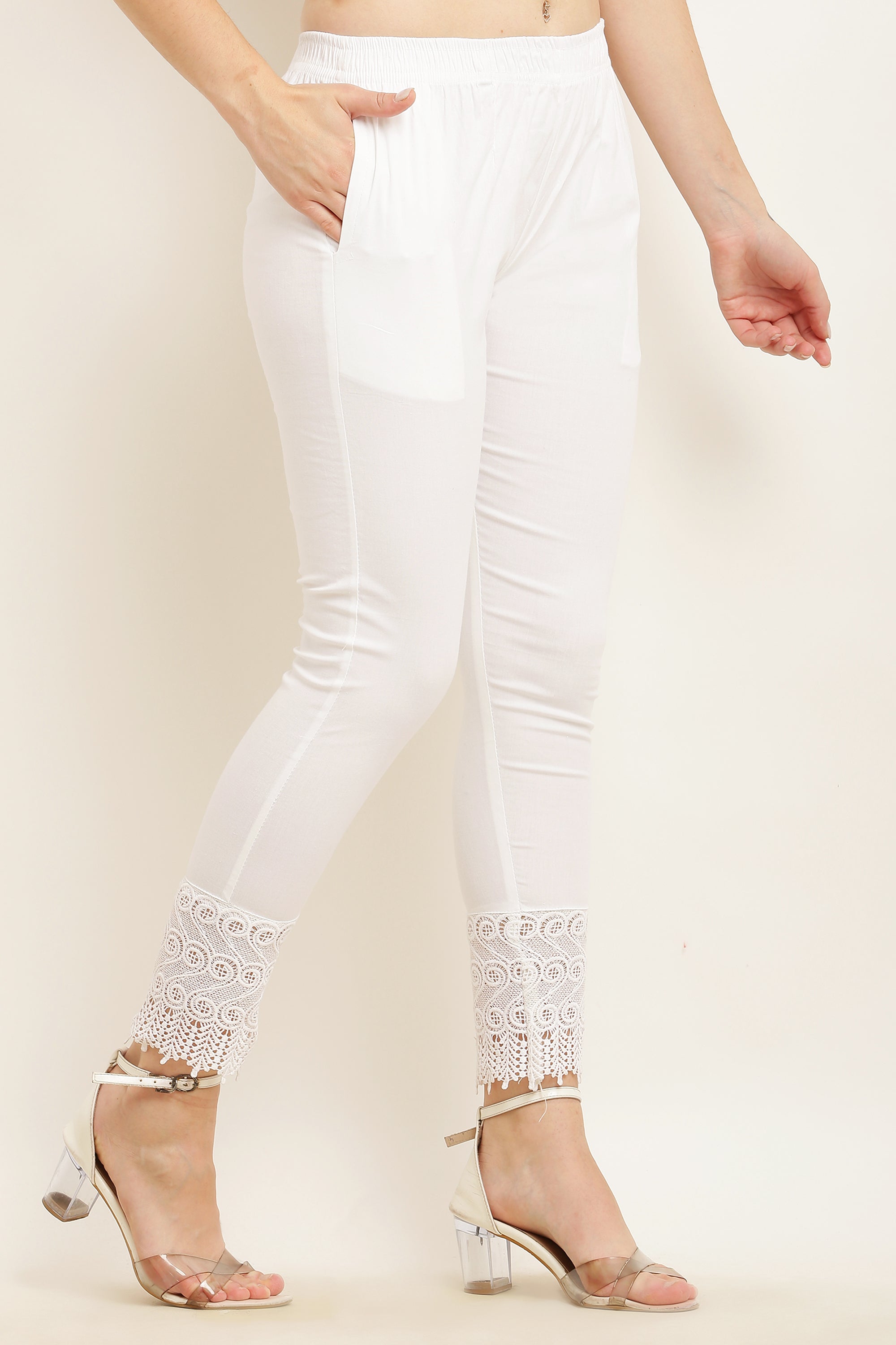 PAVONINE White Color S Kirosia Lace Hem Cotton Fabric Palazzo For Women