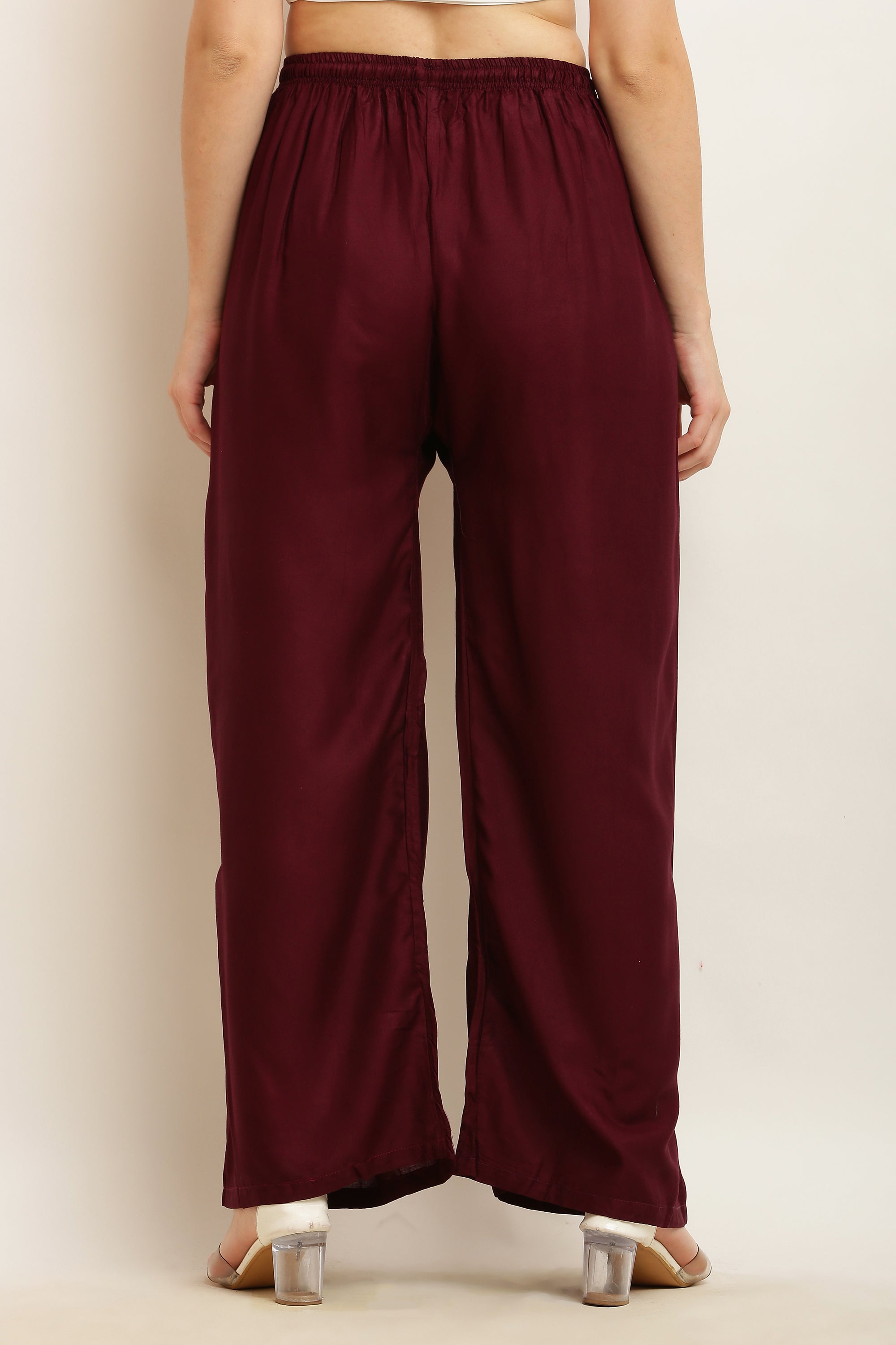 PAVONINE Wine Color Straight Fit Rayon Fabric Palazzo