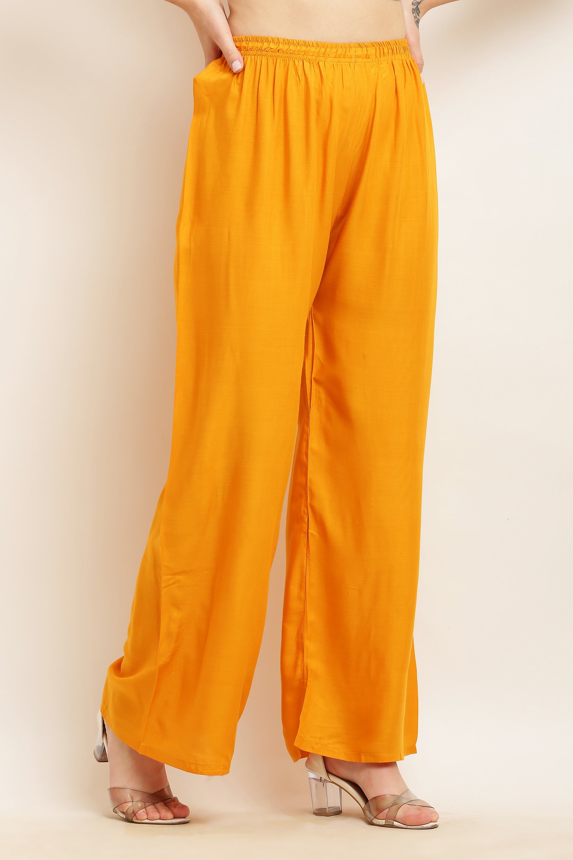 PAVONINE Mustard Color Straight Fit Rayon Fabric Palazzo