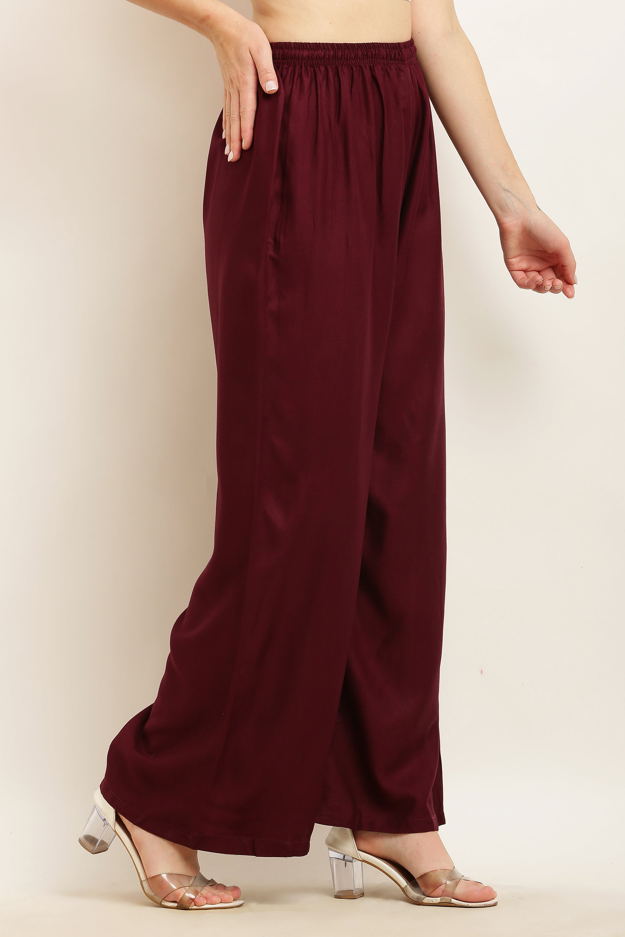 PAVONINE Wine Color Straight Fit Rayon Fabric Palazzo