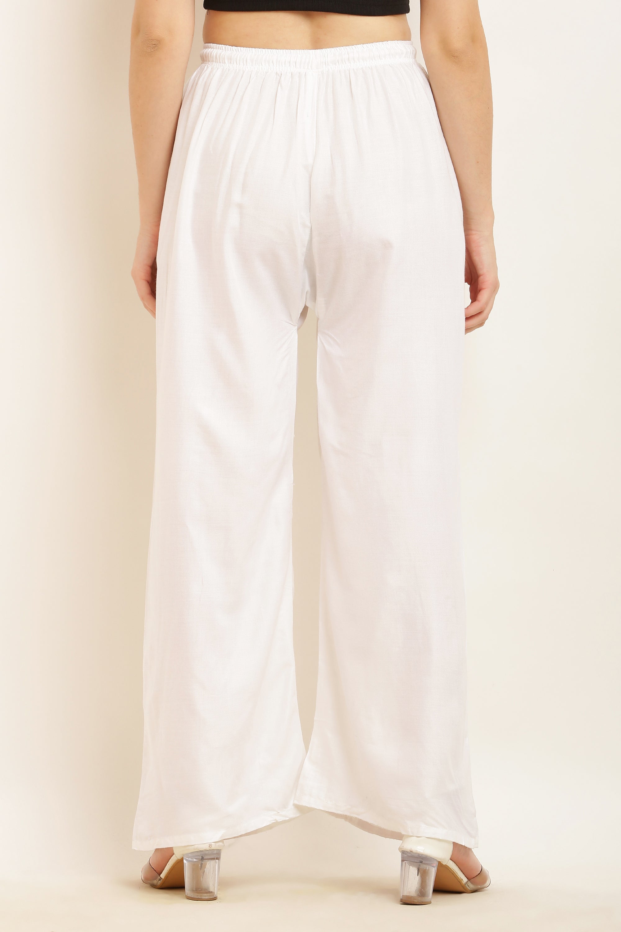 PAVONINE White Color Straight Fit Rayon Fabric Palazzo