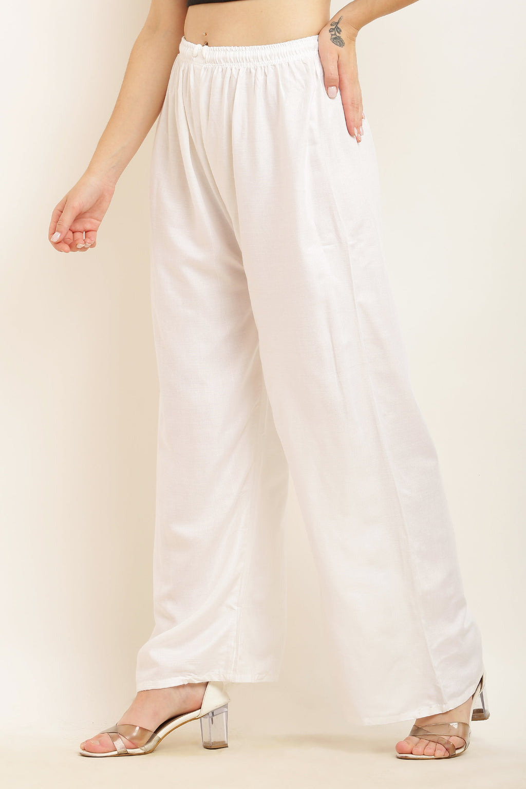 PAVONINE White Color Straight Fit Rayon Fabric Palazzo