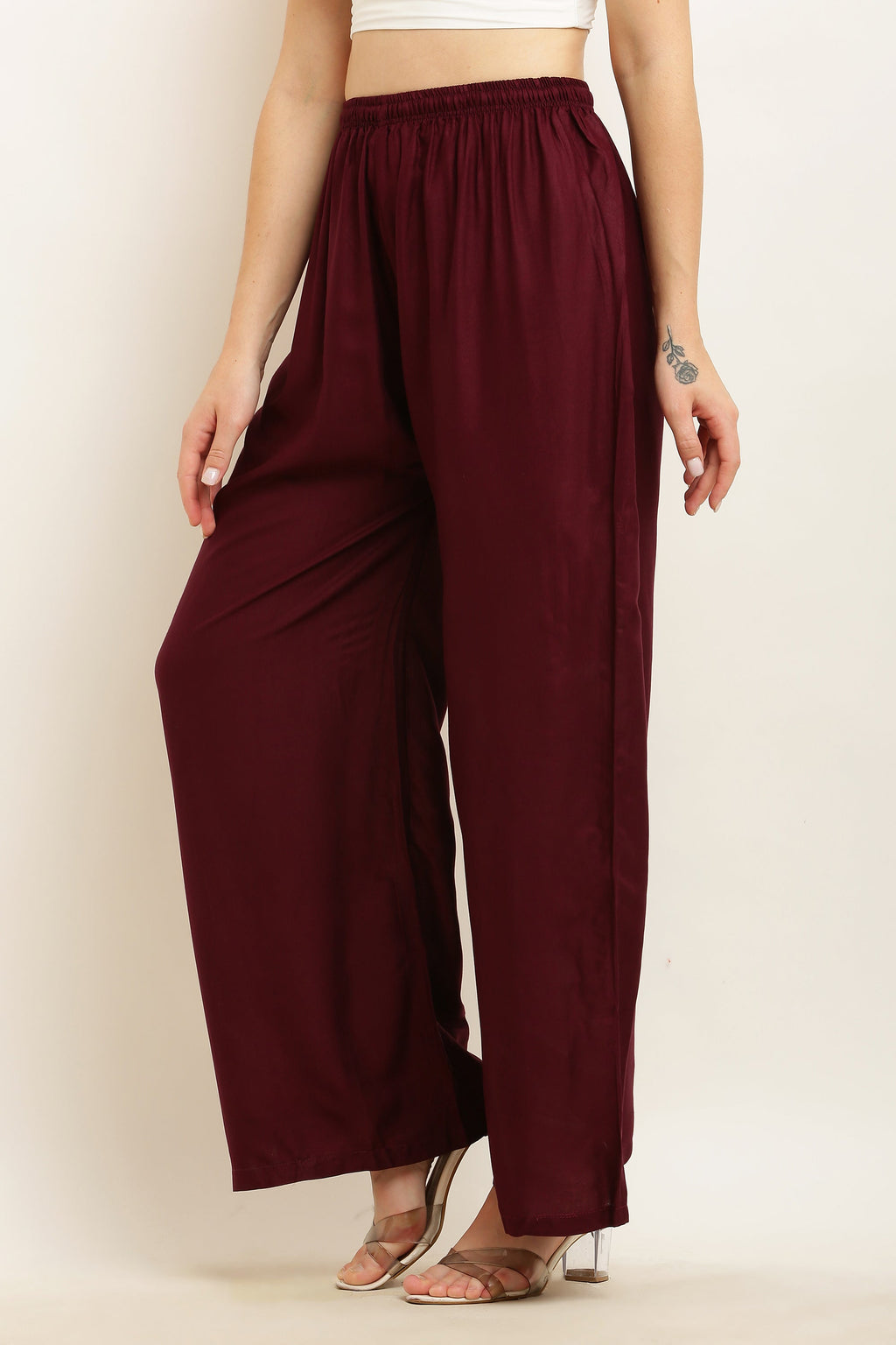 PAVONINE Wine Color Straight Fit Rayon Fabric Palazzo