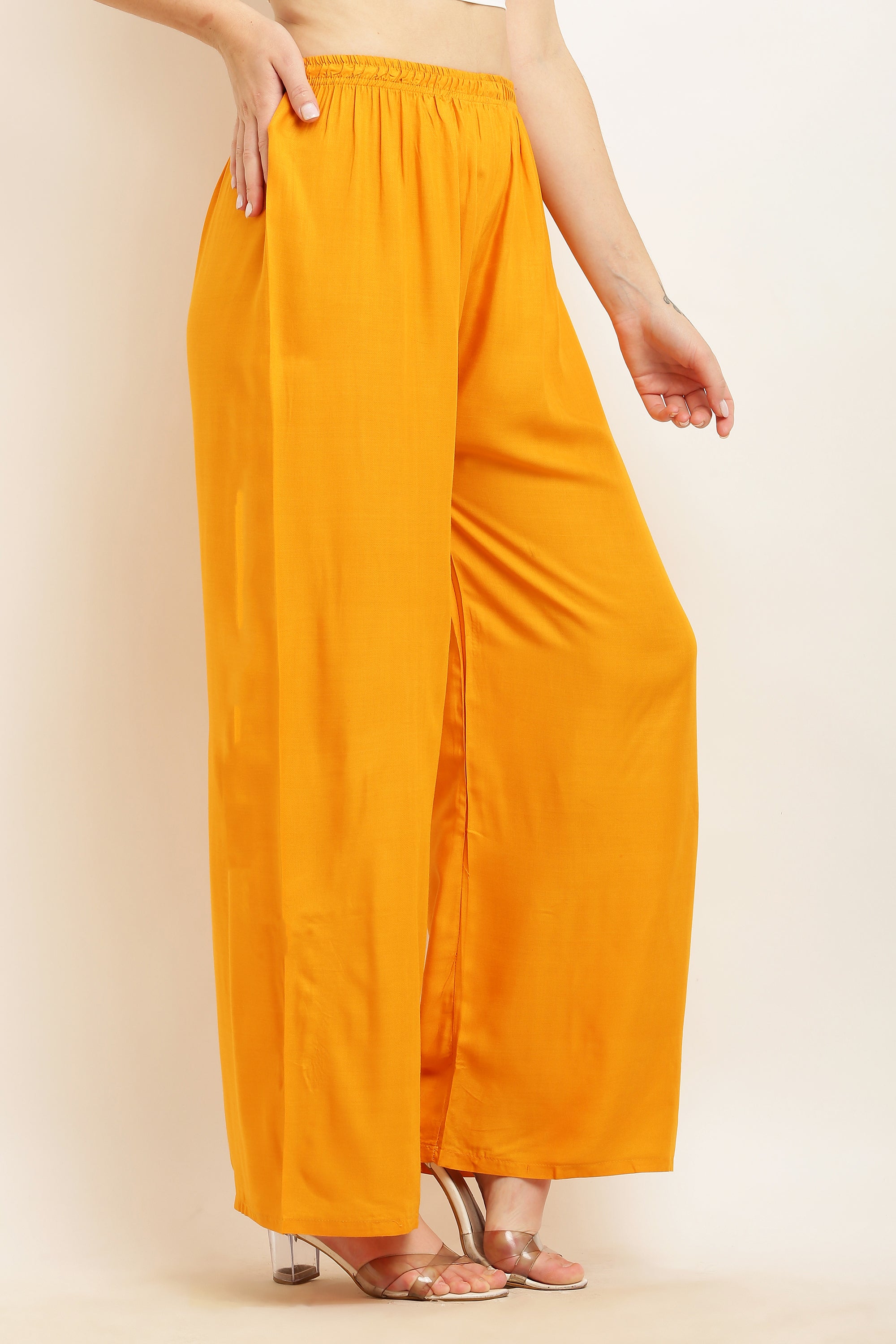 PAVONINE Mustard Color Straight Fit Rayon Fabric Palazzo