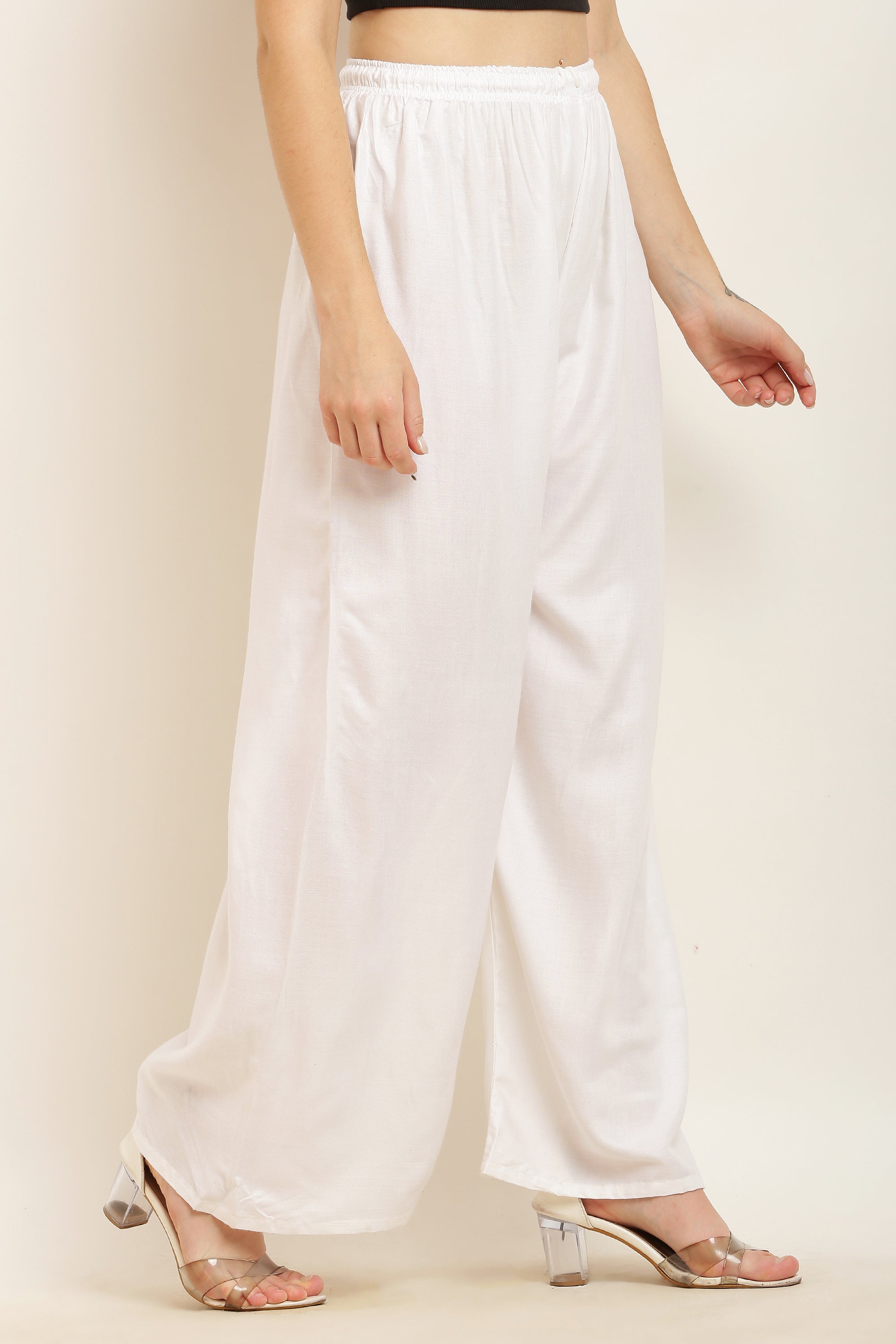 PAVONINE White Color Straight Fit Rayon Fabric Palazzo