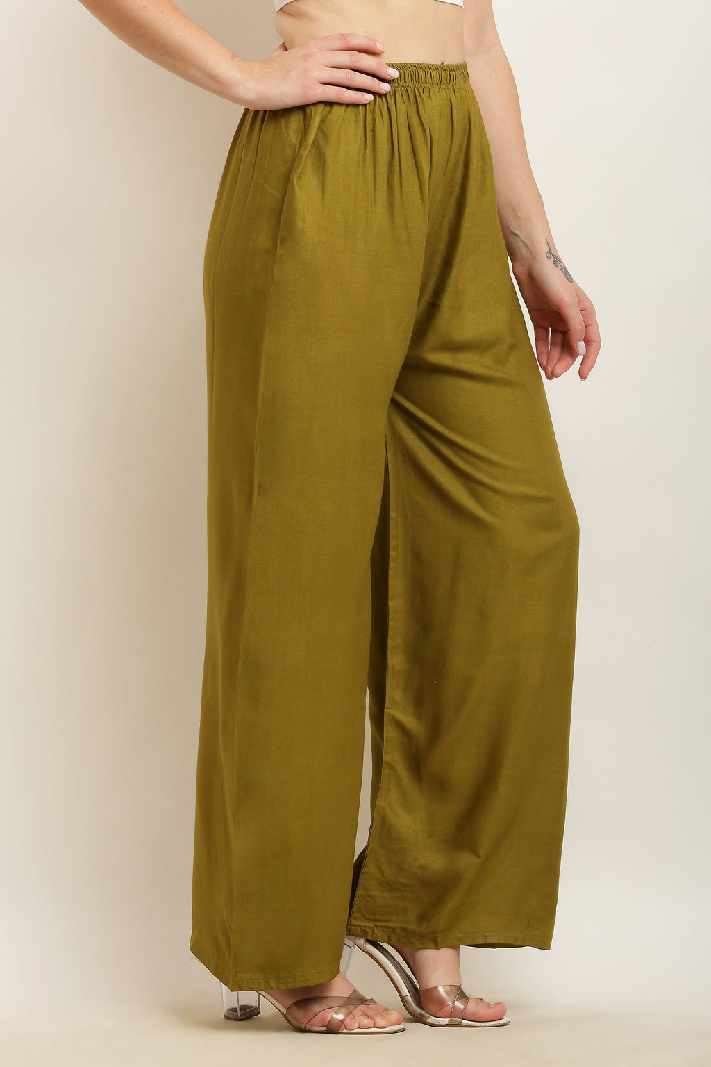 PAVONINE Mehandi Green Color Straight Fit Rayon Fabric Palazzo