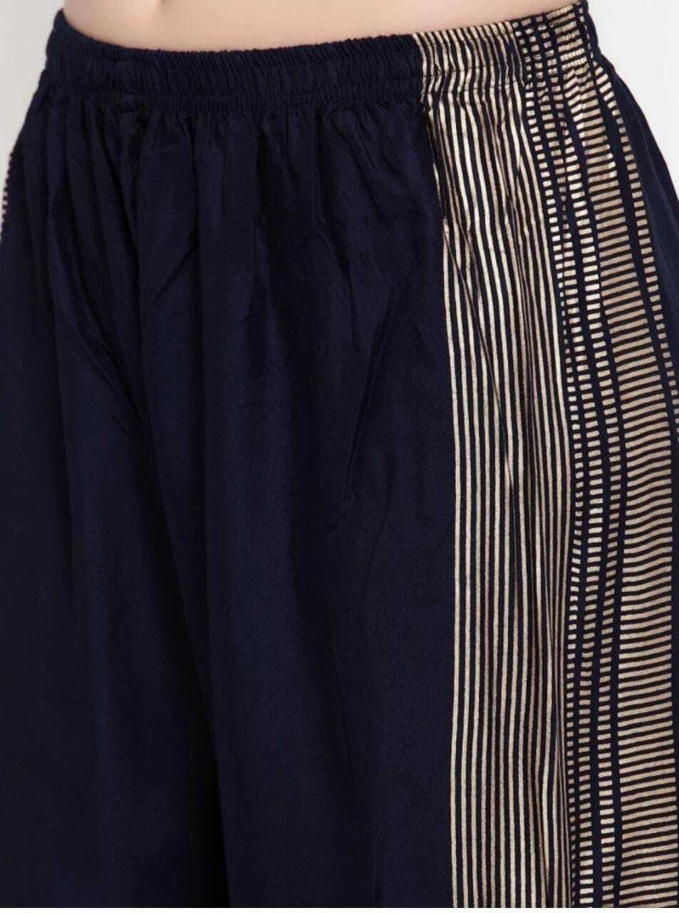 PAVONINE Navy Blue Color Rayon Fabric Side Print Palazzo For Women
