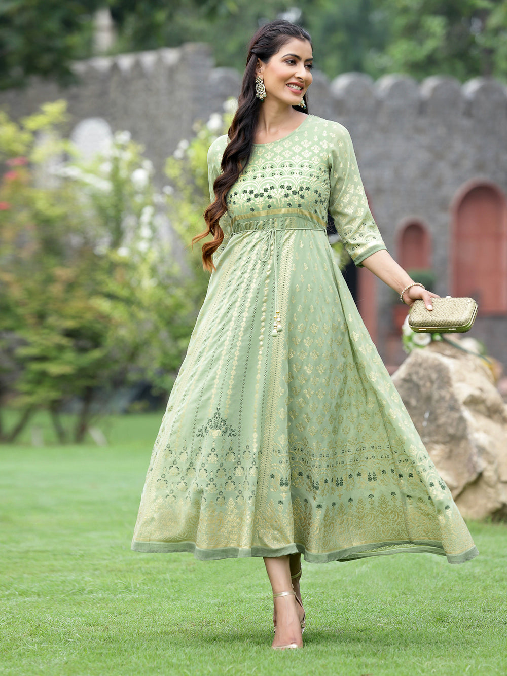 Juniper Sage Green Georgette Festive Foil Printed Flared Maxi For Women
