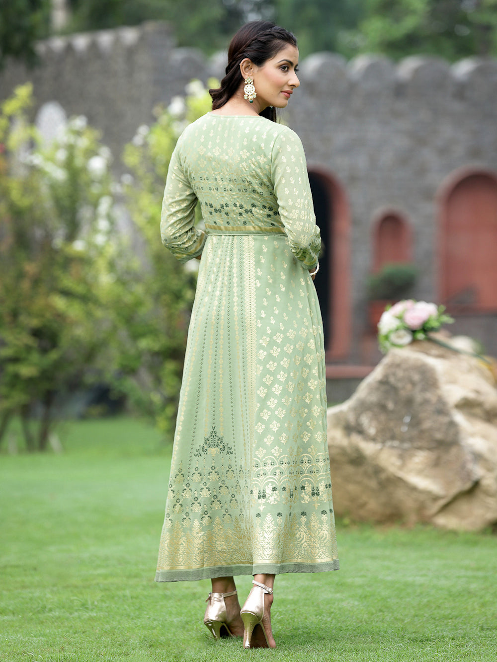Juniper Sage Green Georgette Festive Foil Printed Flared Maxi For Women