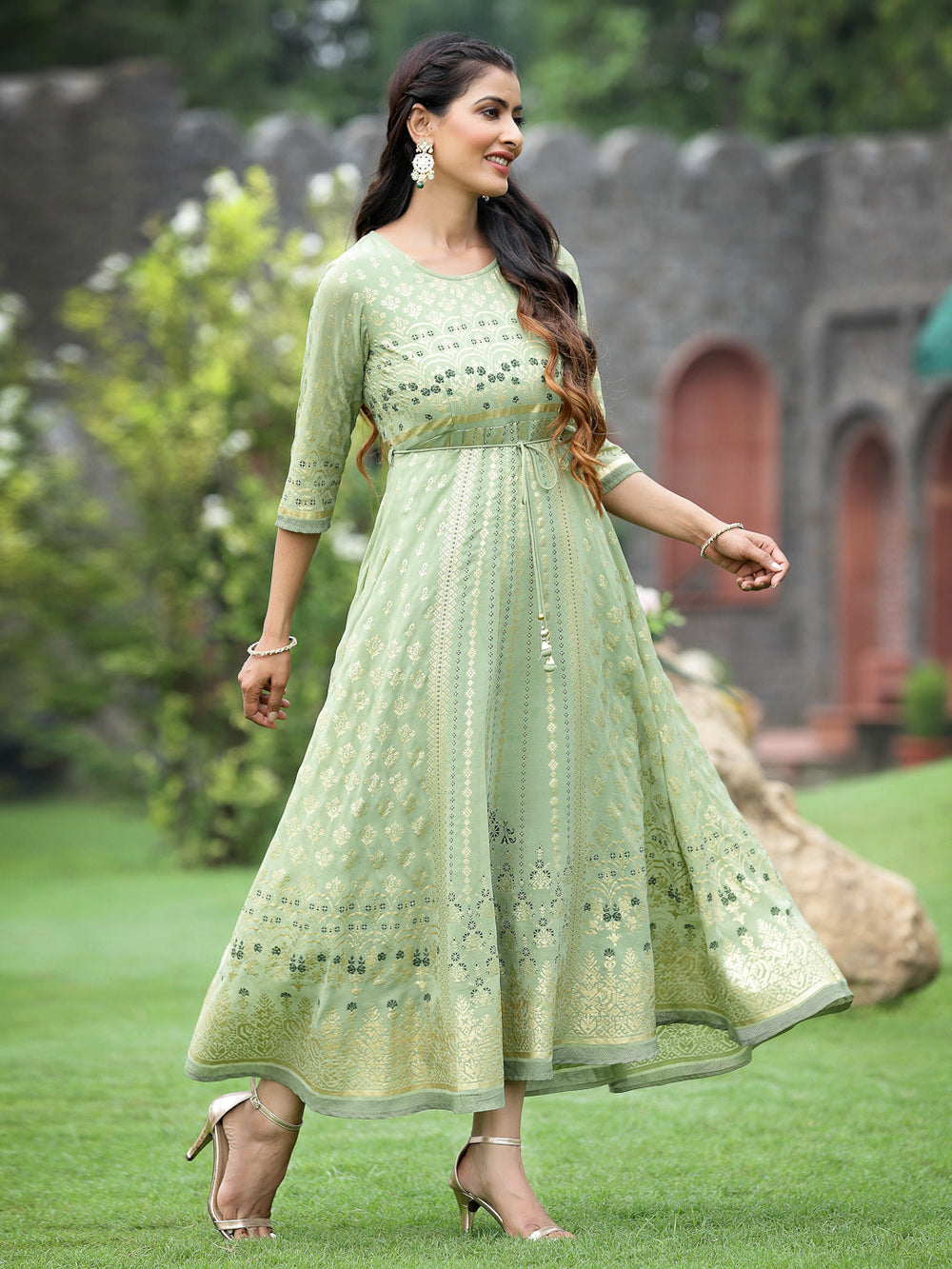 Juniper Sage Green Georgette Festive Foil Printed Flared Maxi For Women
