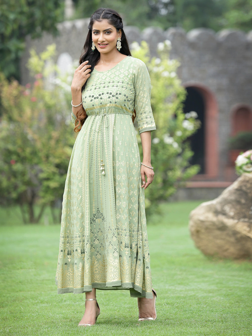 Juniper Sage Green Georgette Festive Foil Printed Flared Maxi For Women