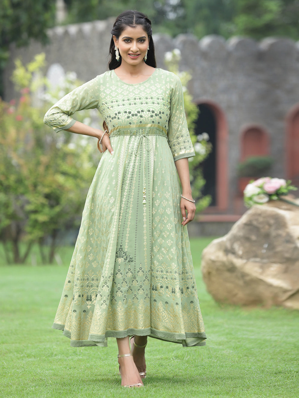 Juniper Sage Green Georgette Festive Foil Printed Flared Maxi For Women